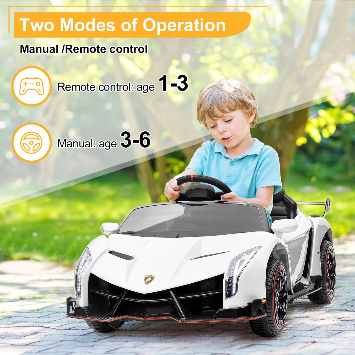 12V Licensed Lamborghini Electric Ride on Cars for Kids, Powered Ride on Toys Cars for Girl Boys, with Parent Remote Control, Bluetooth Music - White