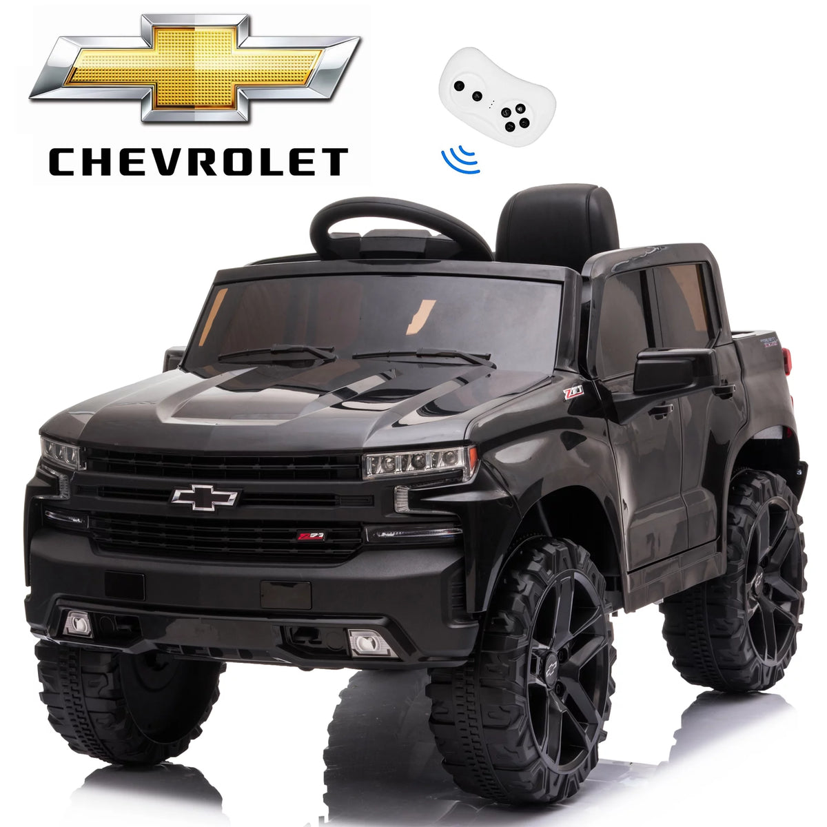 Chevrolet Silverado 12V Powered Ride on Cars for Kids, Remote Control, LED Light, MP3 Player, Electric Ride on Toys Truck for Boys Girls Gifts, Black