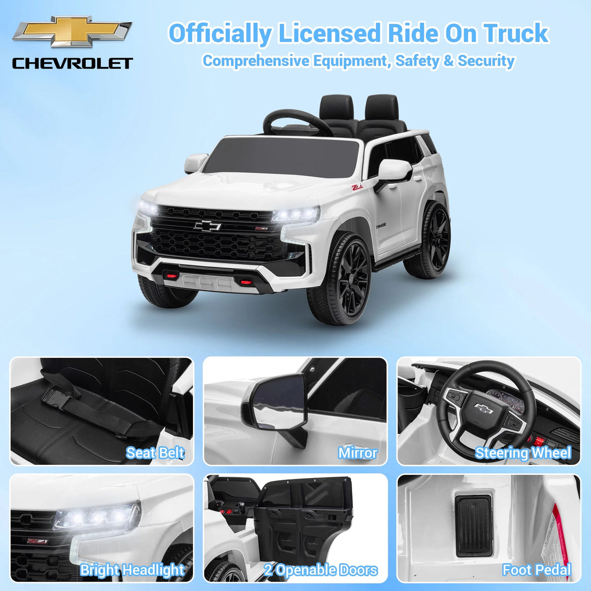 Ride on Truck with Remote Control, Chevrolet Silverado 12V Ride on Toys, Powered Ride on Cars for Boys Girls, White Electric Cars for Kids to Ride, LED Lights, MP3 Music, Foot Pedal, CL203