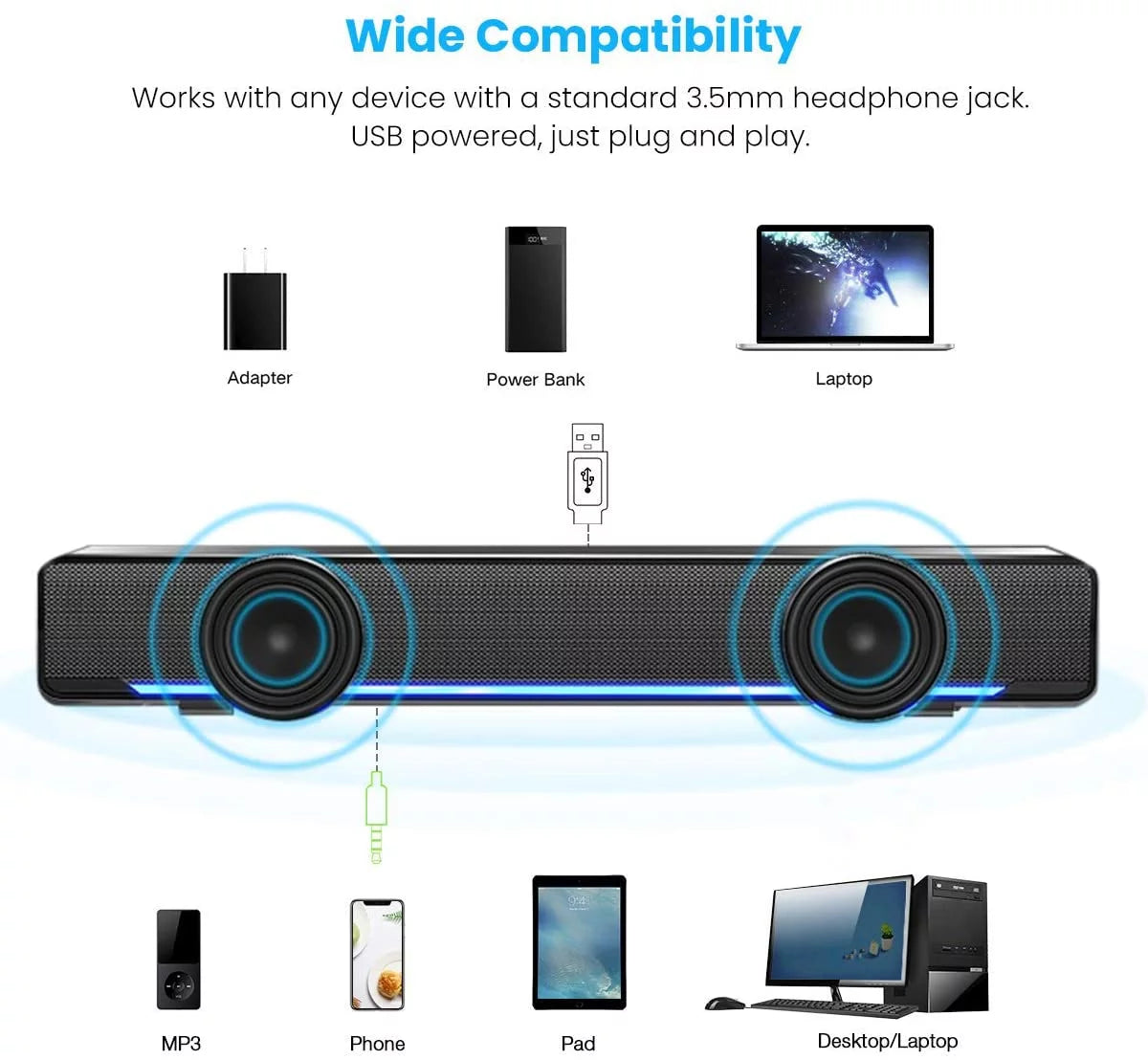 Computer Speakers 3.5Mm USB Powered Soundbar