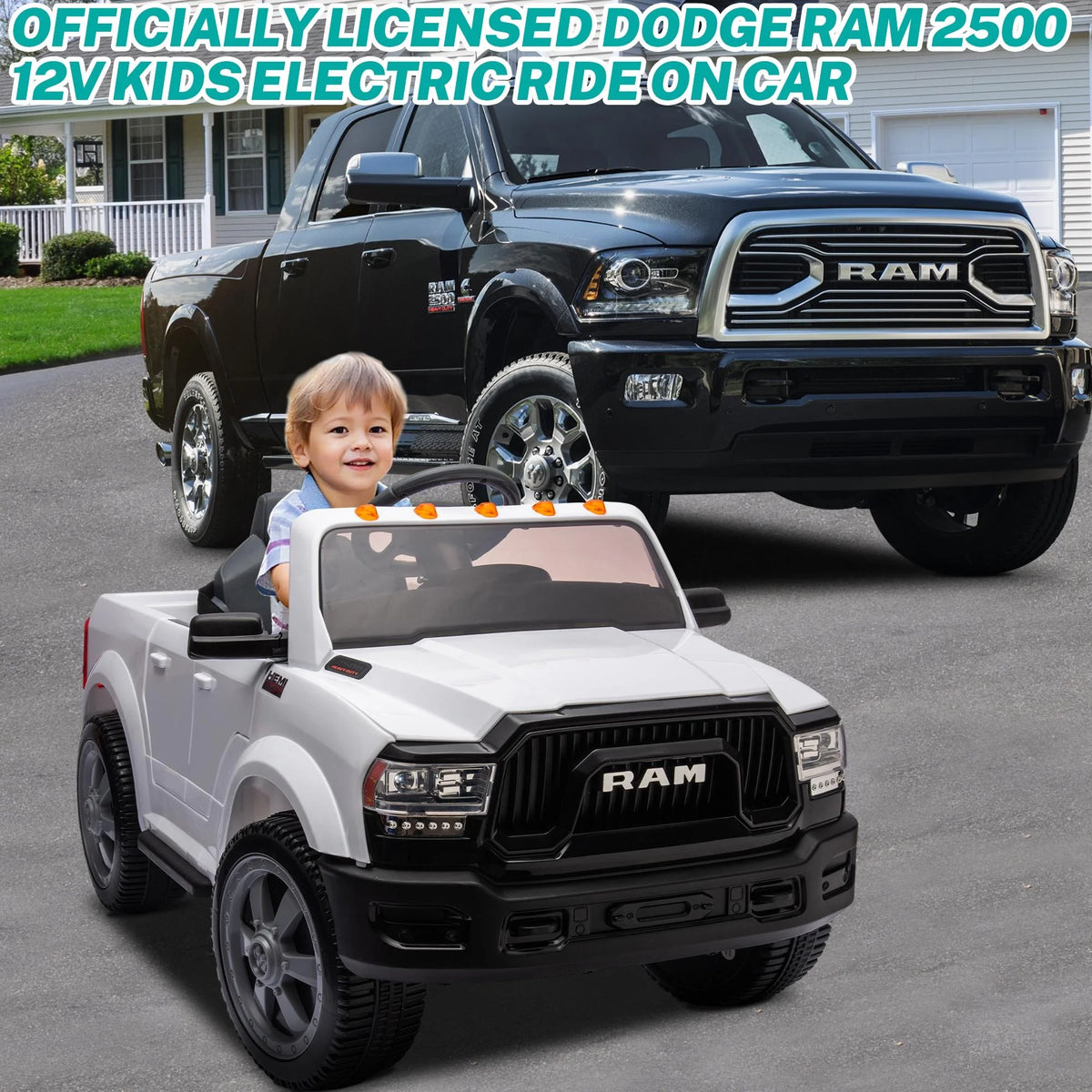 Licensed Dodge RAM 2500 12V Ride on Cars with Remote Control, Kids Electric Ride on Pickup Truck with Music, MP3/USB Port, Cup Holder, Back Storage, Electric Cars for Kids Boys Girls 3-6 Ages, White